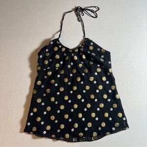 Y2K Express Silk Blend Metallic Gold Polka Dot Babydoll Black Halter Top, Sz M